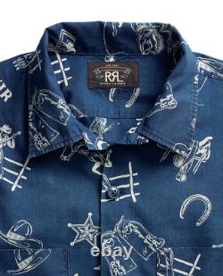 Ralph Lauren RRL Lightweight Japanese Cotton Rodeo Print Indigo Camp Shirt S New