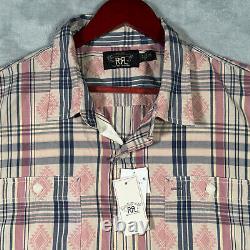 Ralph Lauren RRL Shirt Mens XXL Pink Plaid Plaid Aztec Plaid Jacquard Aztec