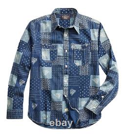 Ralph Lauren RRL Vintage Inspired Indigo Twill Patchwork Print Workshirt M New