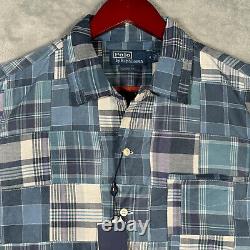 Ralph Lauren Shirt Medium Blue Plaid Madras Patchwork Classic Fit Loop Collar