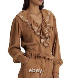 Ralph Lauren Womens Ruffle-Trim Embroidered Suede Blouse Brown Size XL NWT $595