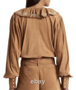 Ralph Lauren Womens Ruffle-Trim Embroidered Suede Blouse Brown Size XL NWT $595 Ralph Lauren Womens Ruffle-Trim Embroidered Suede Blouse Brown Size XL NWT $595