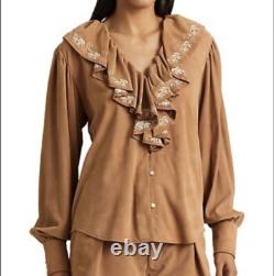 Ralph Lauren Womens Ruffle-Trim Embroidered Suede Blouse Brown Size XL NWT $595
