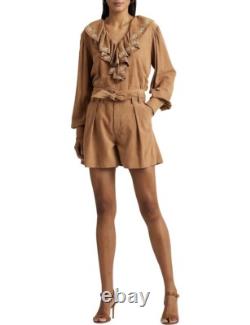 Ralph Lauren Womens Ruffle-Trim Embroidered Suede Blouse Brown Size XL NWT $595