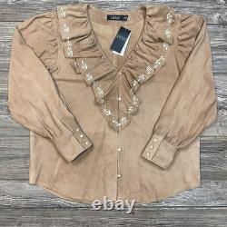 Ralph Lauren Womens Ruffle-Trim Embroidered Suede Blouse Brown Size XL NWT $595
