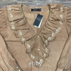 Ralph Lauren Womens Ruffle-Trim Embroidered Suede Blouse Brown Size XL NWT $595