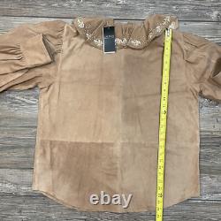 Ralph Lauren Womens Ruffle-Trim Embroidered Suede Blouse Brown Size XL NWT $595