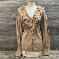 Ralph Lauren Womens Ruffle-Trim Embroidered Suede Blouse Brown Size XL NWT $595