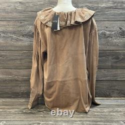 Ralph Lauren Womens Ruffle-Trim Embroidered Suede Blouse Brown Size XL NWT $595