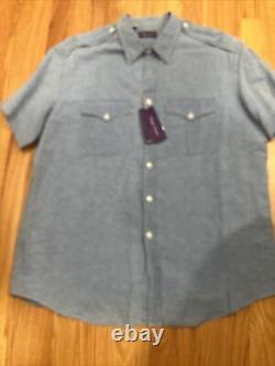 Ralph lauren purple label mens Blue Linen Blend Safari Short Sleeve Shirt XXL