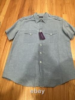 Ralph lauren purple label mens Blue Linen Blend Safari Short Sleeve Shirt XXL