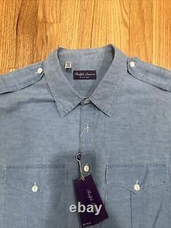 Ralph lauren purple label mens Blue Linen Blend Safari Short Sleeve Shirt XXL