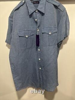 Ralph lauren purple label mens Blue Linen Blend Safari Short Sleeve Shirt XXL