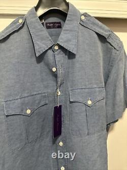 Ralph lauren purple label mens Blue Linen Blend Safari Short Sleeve Shirt XXL