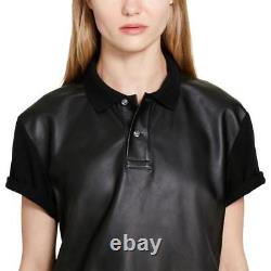 Women's Polo Ralph Lauren Black Leather Boyfriend Polo Shirt New $265